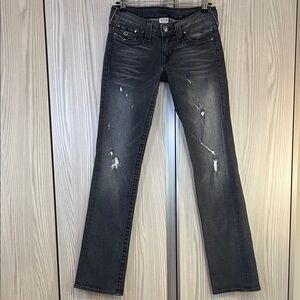 True Religion ‘Disco Billy’ Lavender Crystal Button Distressed Jeans ~ Size 28